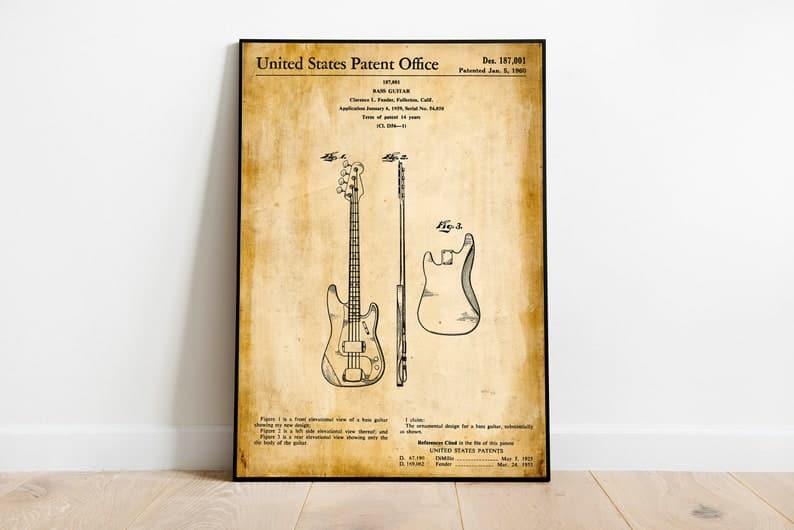 Bass Guitar Patent Print| Framed Art Print