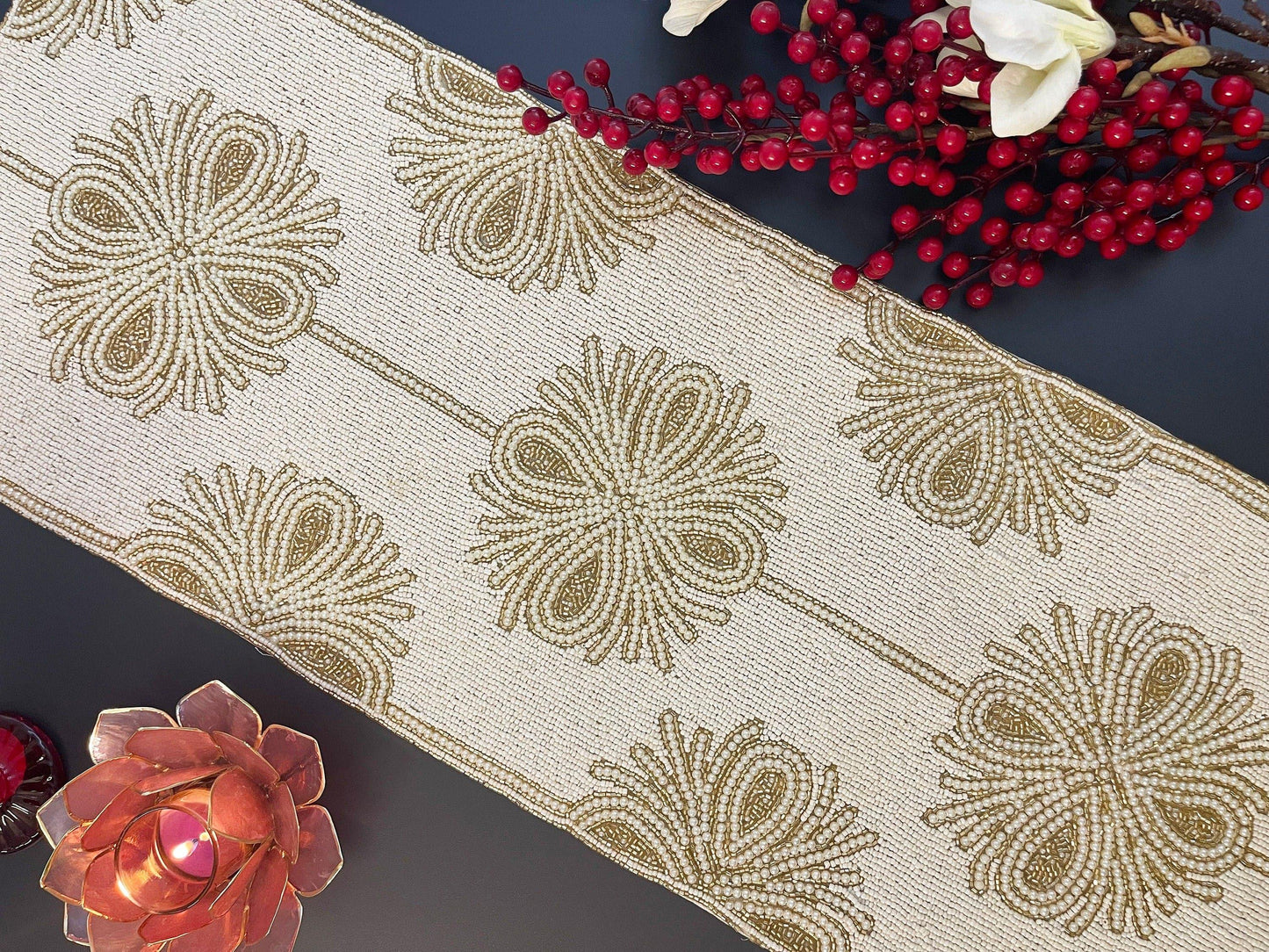 Beatrice Pattern Beaded Table Runner - Light/Gold