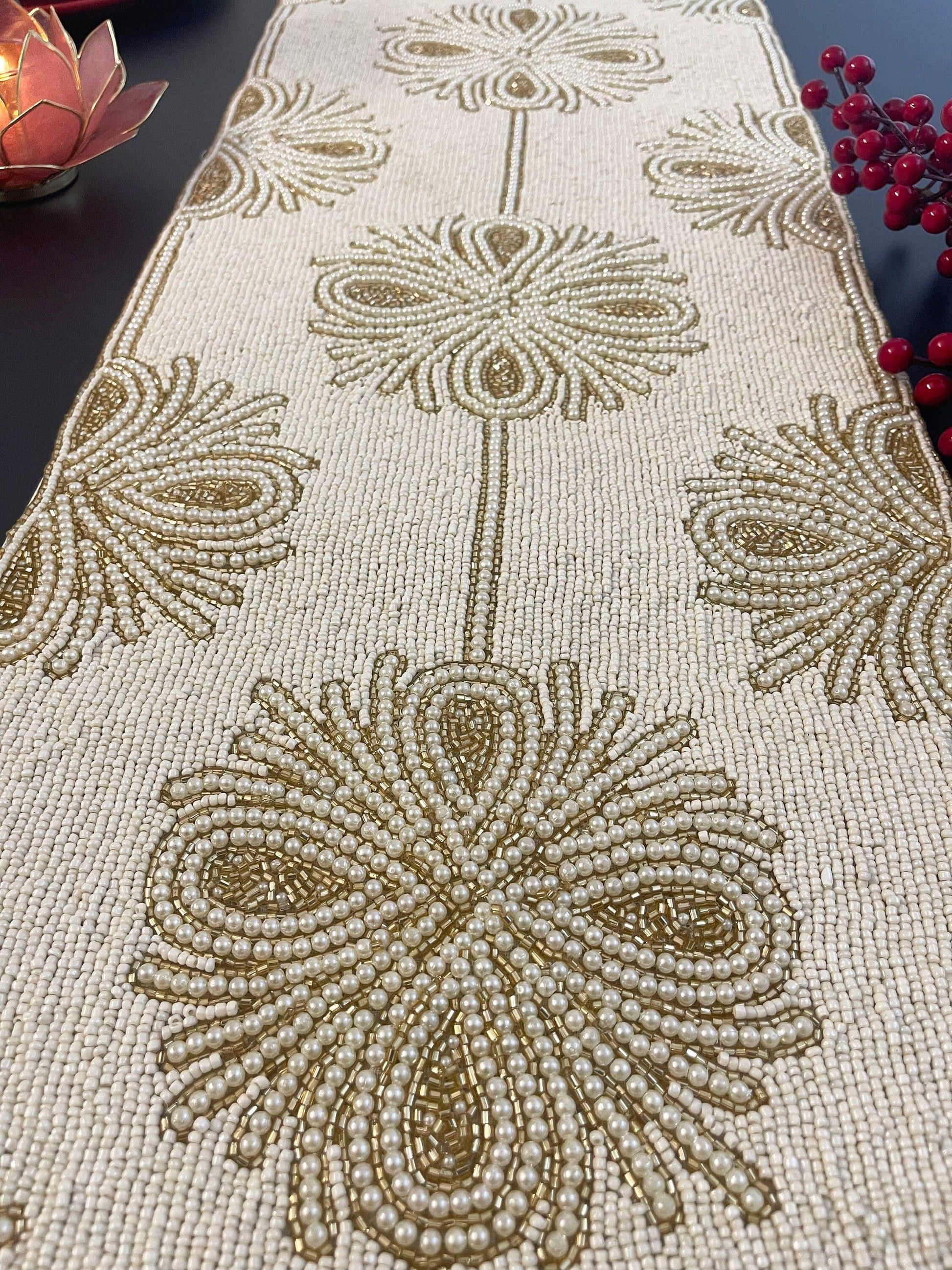 Beatrice Pattern Beaded Table Runner - Light/Gold