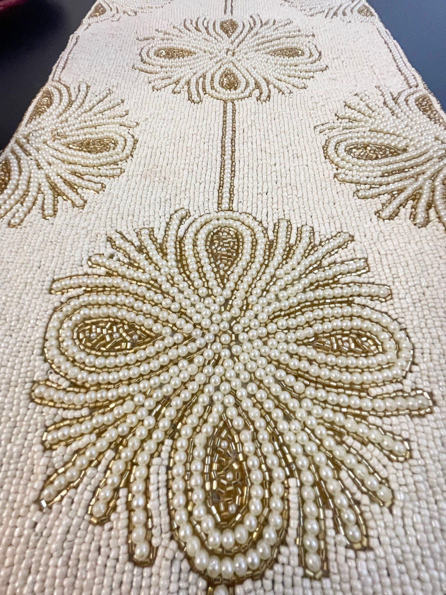 Beatrice Pattern Beaded Table Runner - Light/Gold