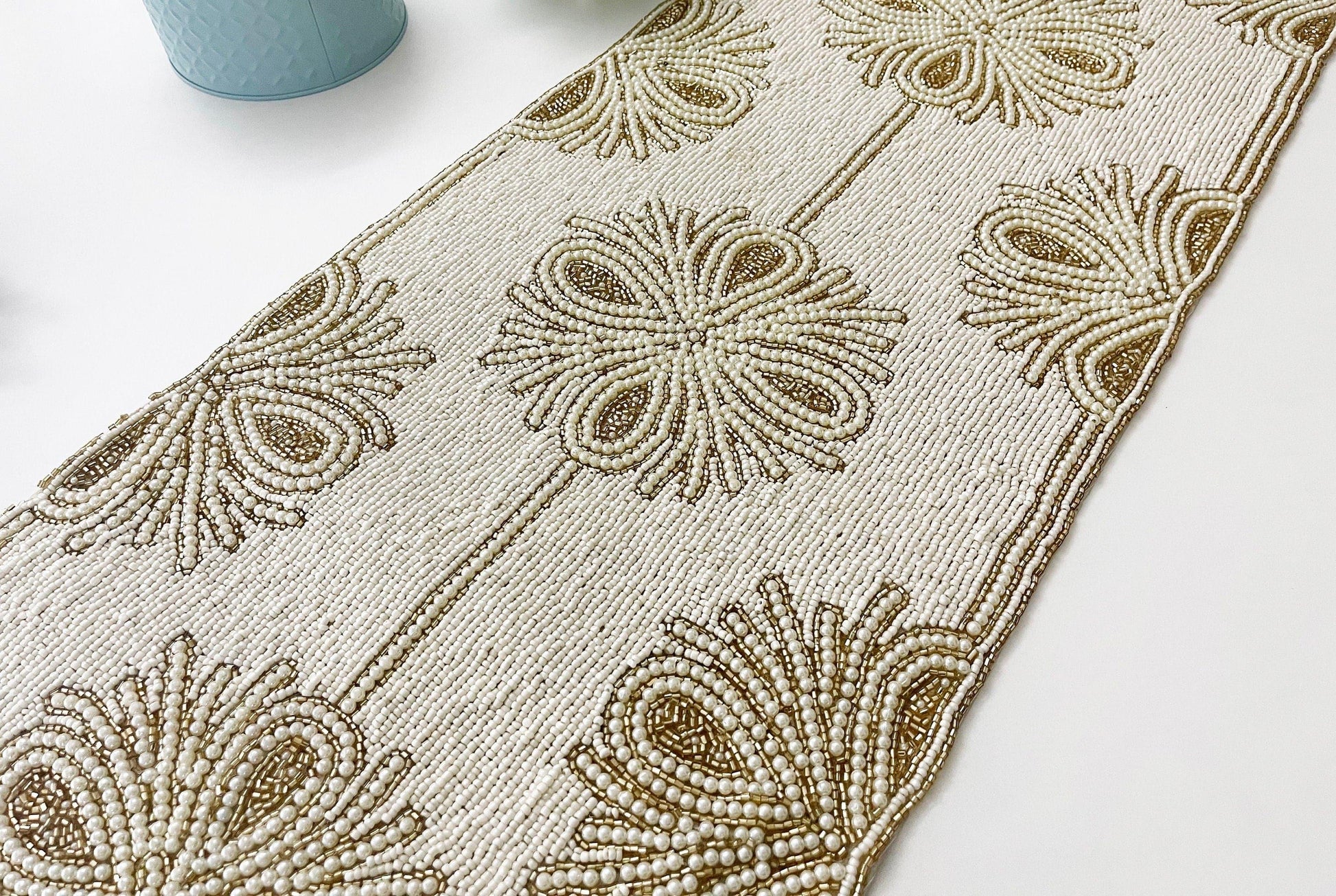 Beatrice Pattern Beaded Table Runner - Light/Gold