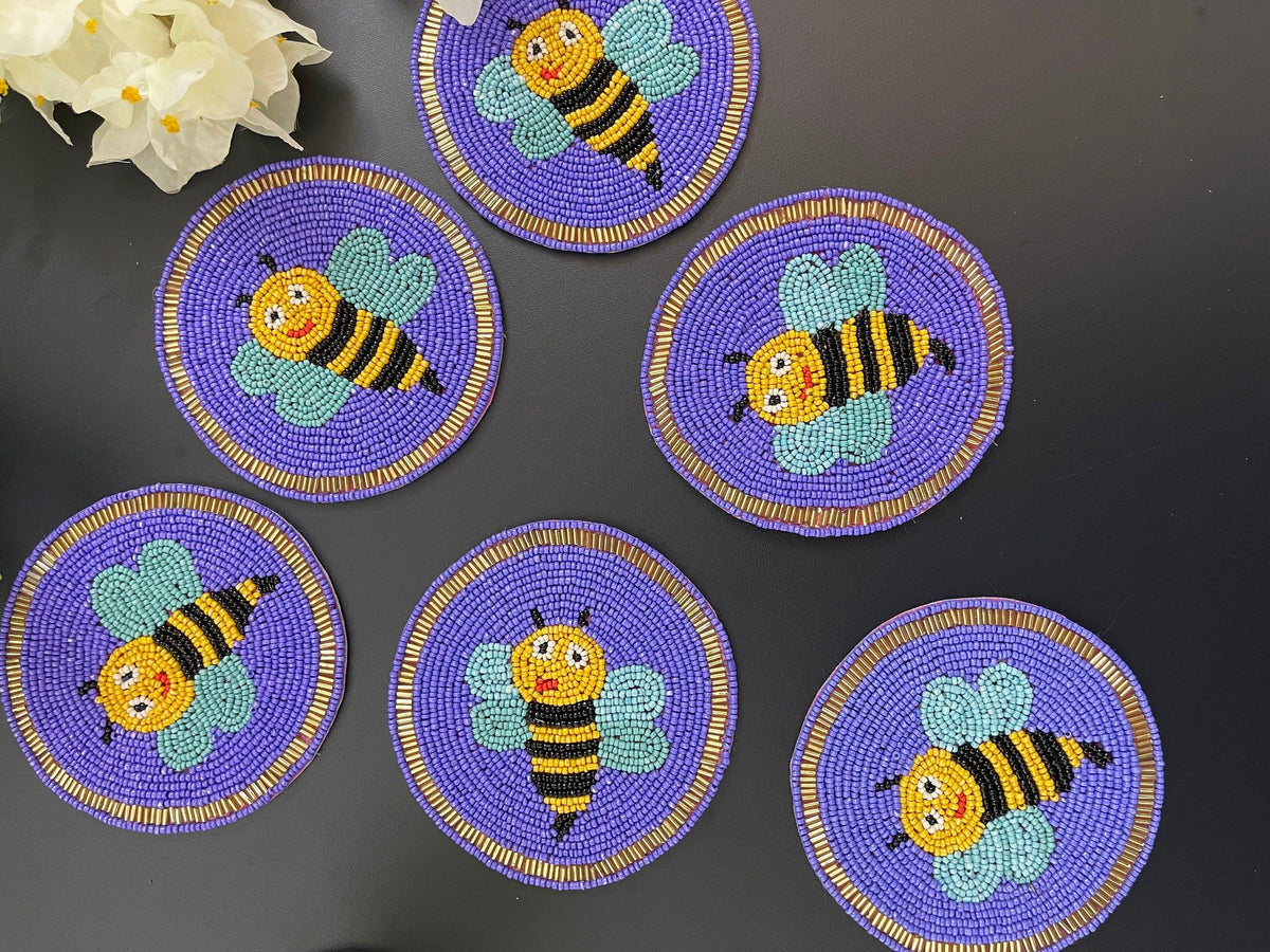 Bee Happy Beaded Round Coaster Set Set of 6, Bee