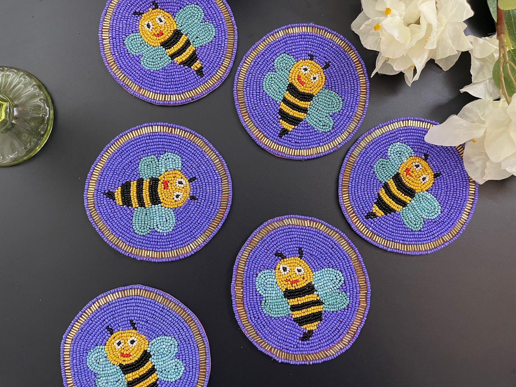 Bee Happy Beaded Round Coaster Set