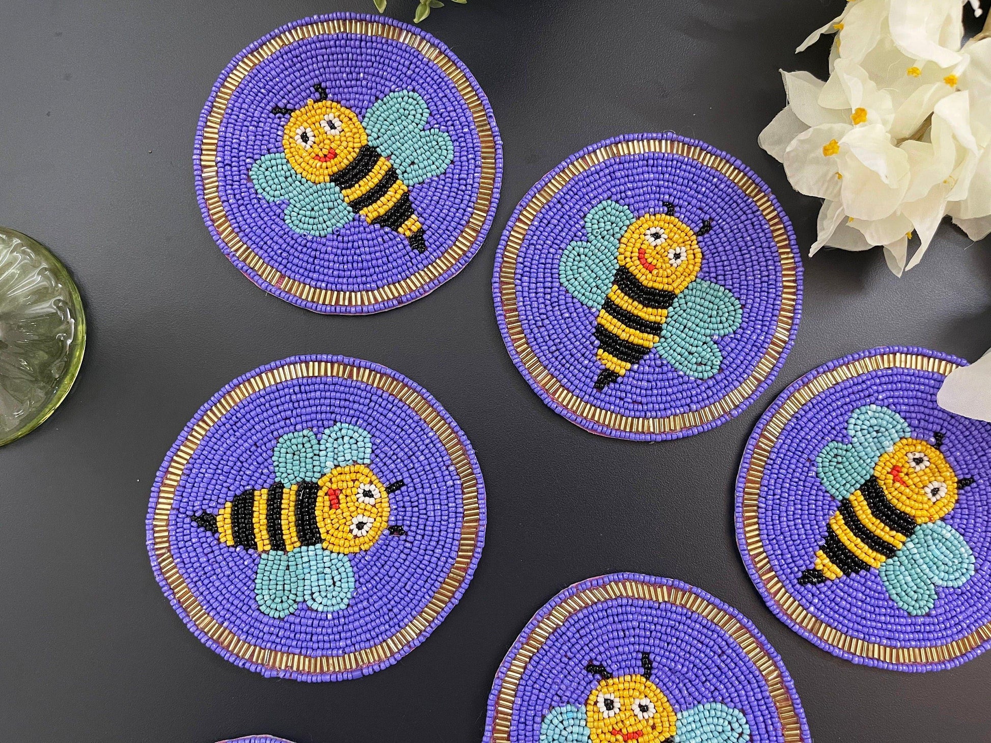 Bee Happy Beaded Round Coaster Set - MAIA HOMES