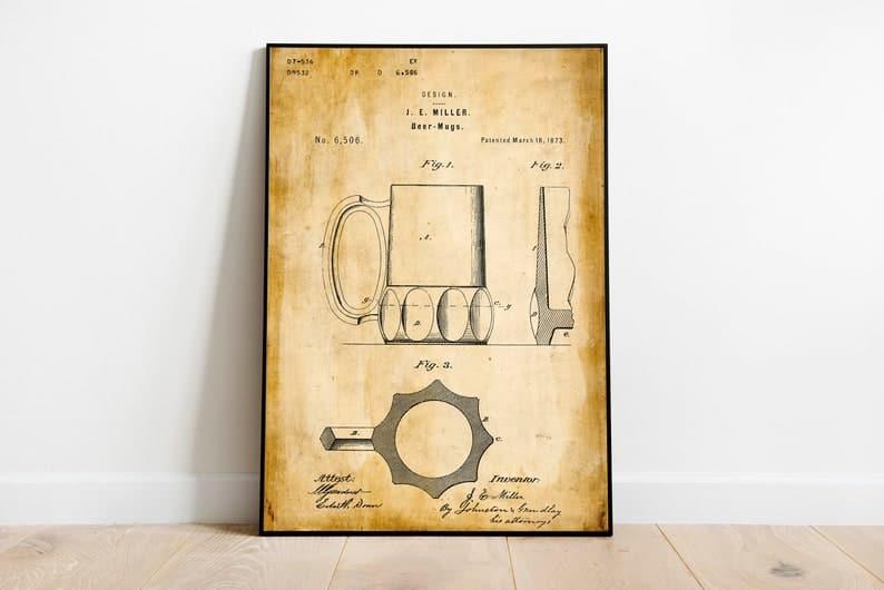 Beer Mug Patent Print| Framed Art Print - MAIA HOMES