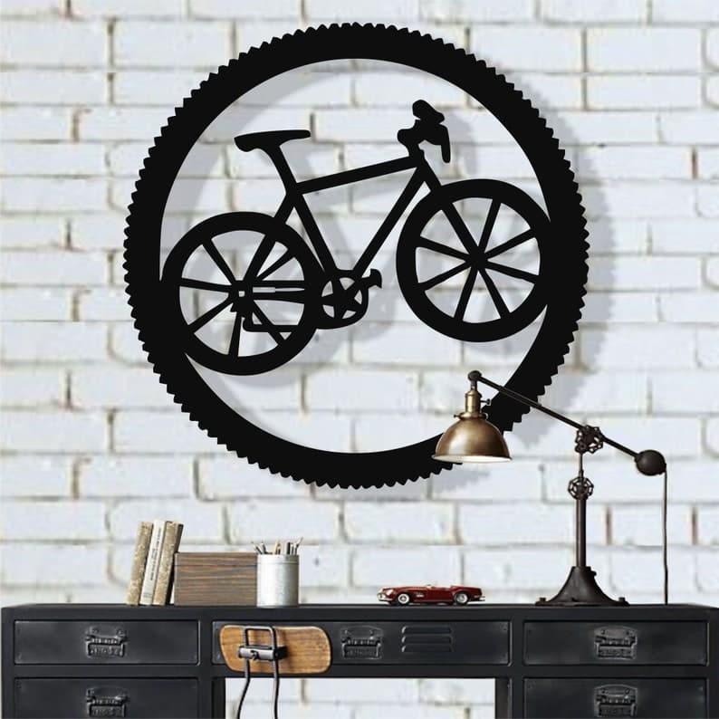 Bicycle in Circle Metal Wall Hanging Art Black