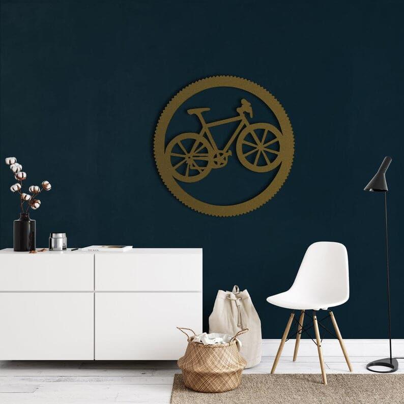 Bicycle in Circle Metal Wall Hanging Art Gold