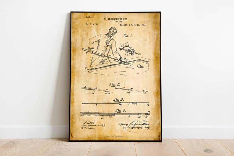 Billiards Cue Patent Print| Framed Art Print