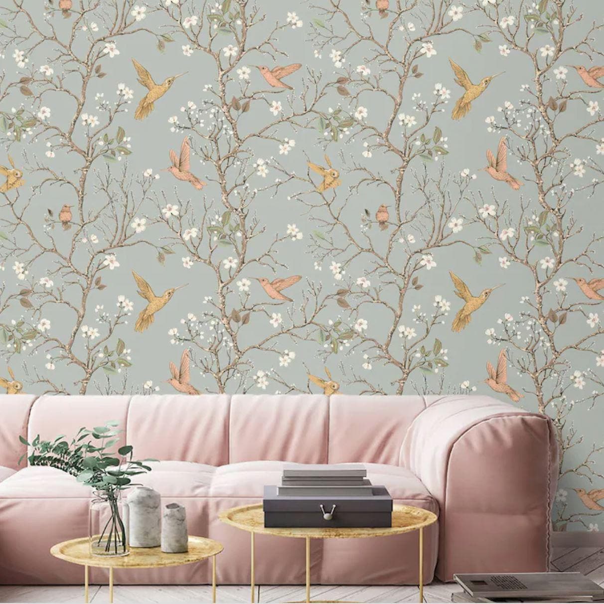 Birds and Tree Gray Traditional Chinoiserie Wallpaper Mural - MAIA HOMES