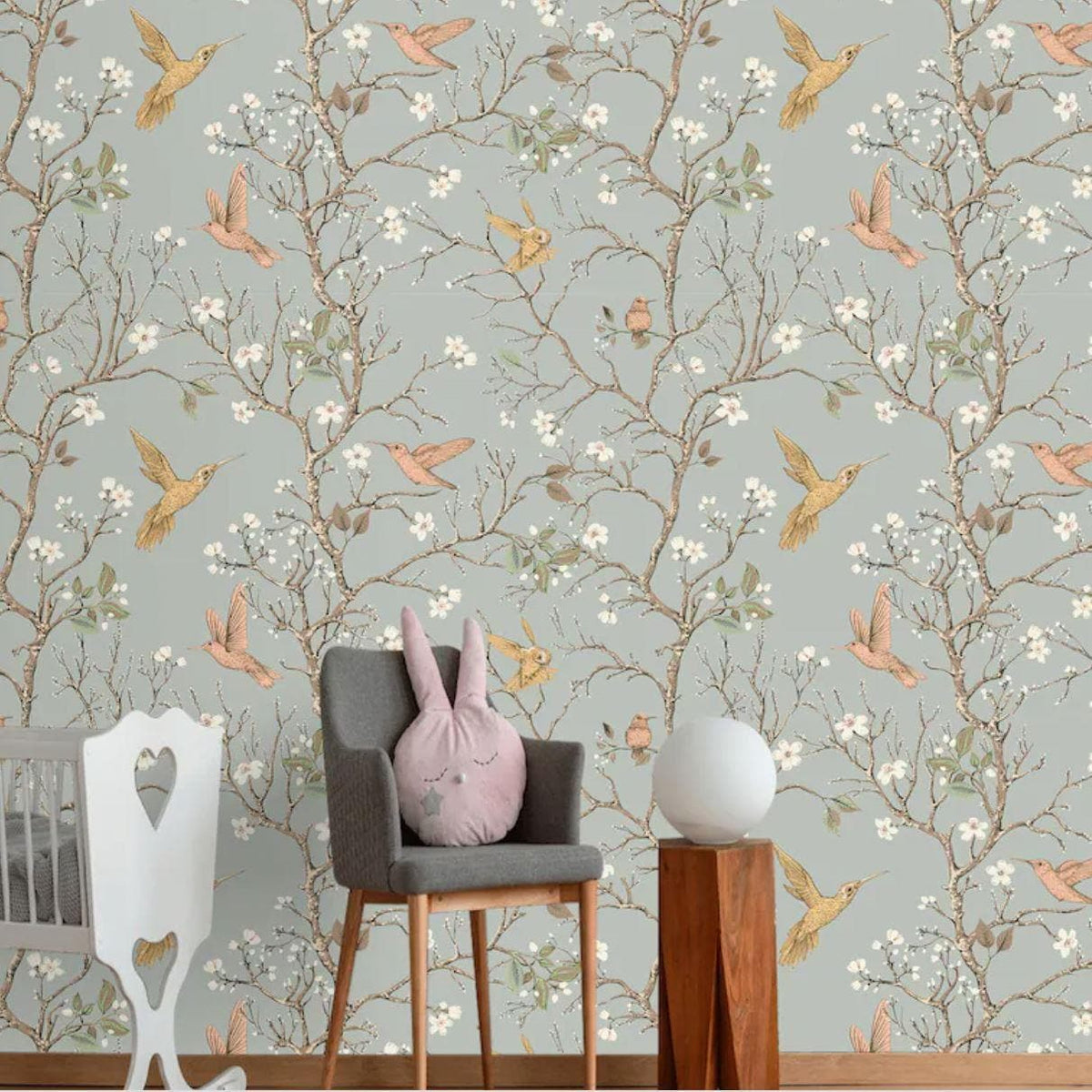 Birds and Tree Gray Traditional Chinoiserie Wallpaper Mural