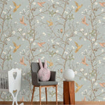 Birds and Tree Gray Traditional Chinoiserie Wallpaper Mural