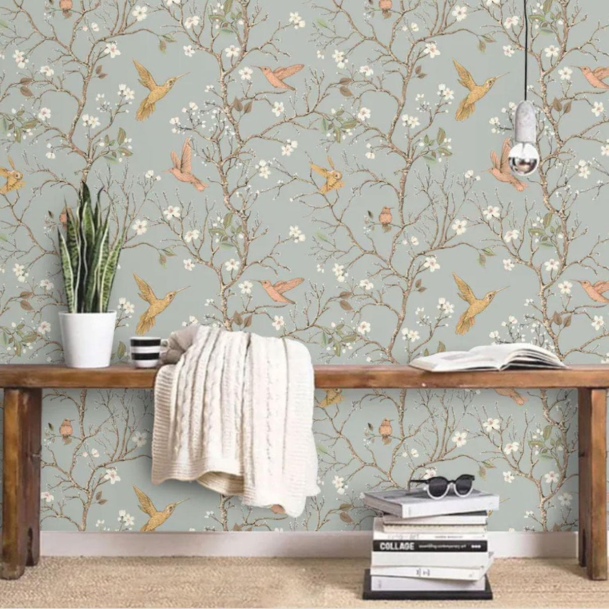 Birds and Tree Gray Traditional Chinoiserie Wallpaper Mural