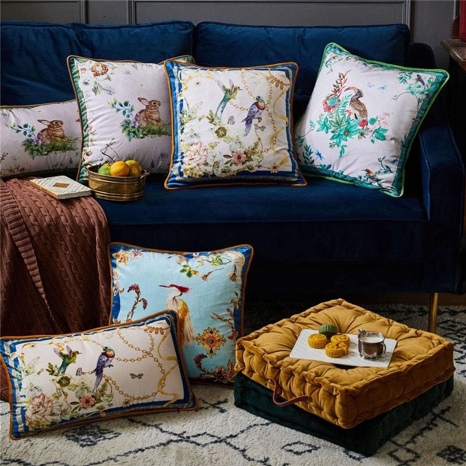 Birds of Floral Paradise Printed Velvet Cushion Cover