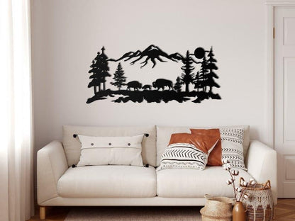 Bison and Mountain Metal Wall Hangings Black