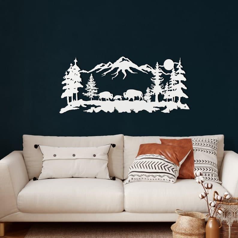 Bison and Mountain Metal Wall Hangings White