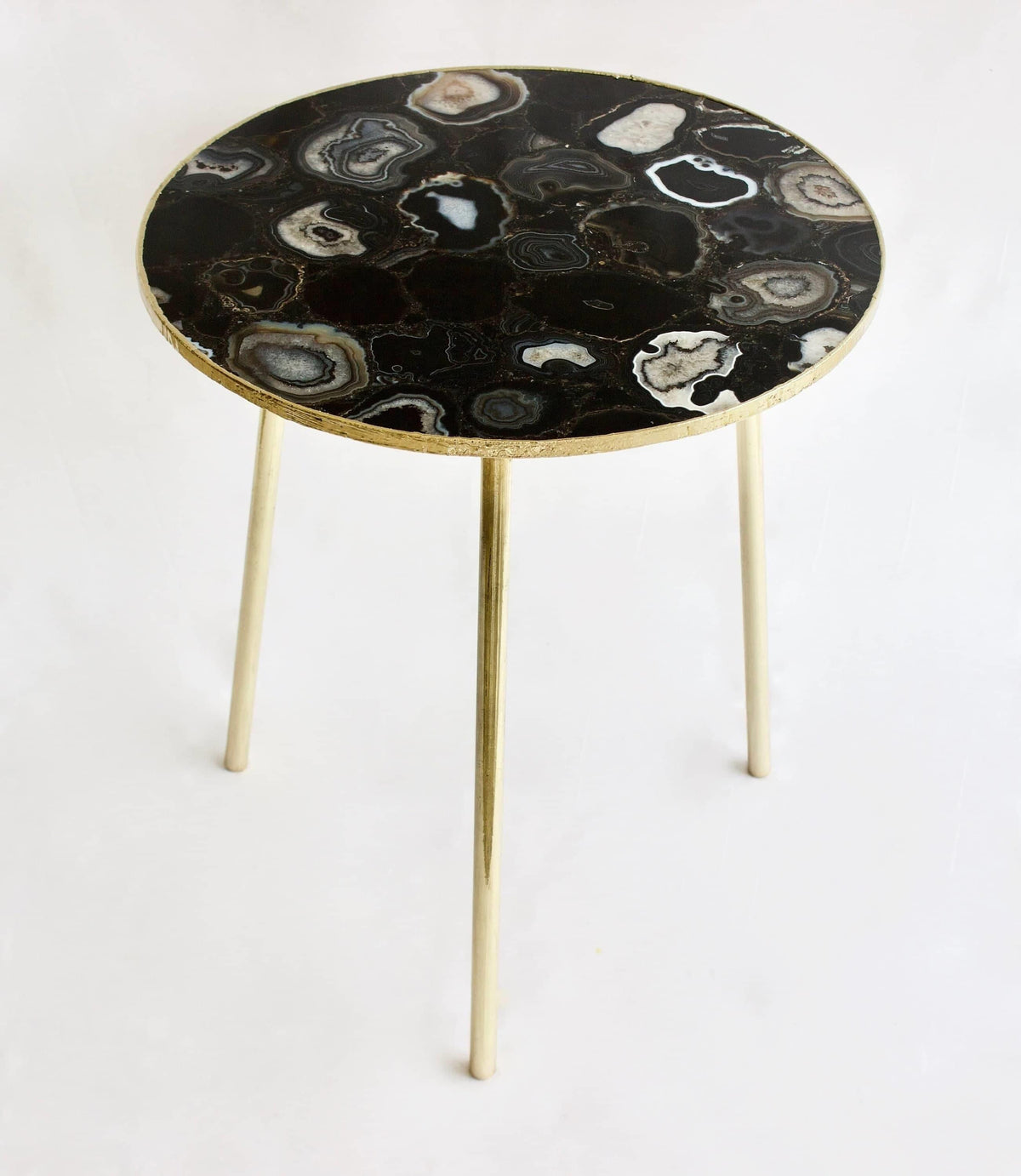 Black Agate Round Coffee Accent Table 16 inches R.Gold Edge & Legs