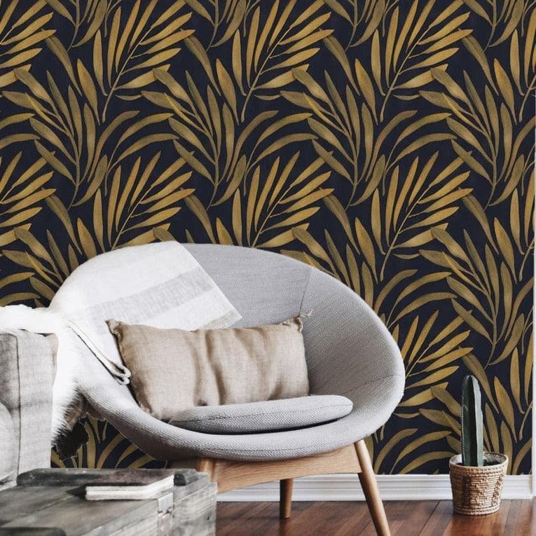 Black and Golden Tropical Leaves Wallpaper