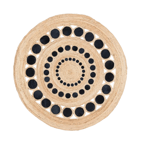 Black and Natural Triple Circle Round Jute Rug