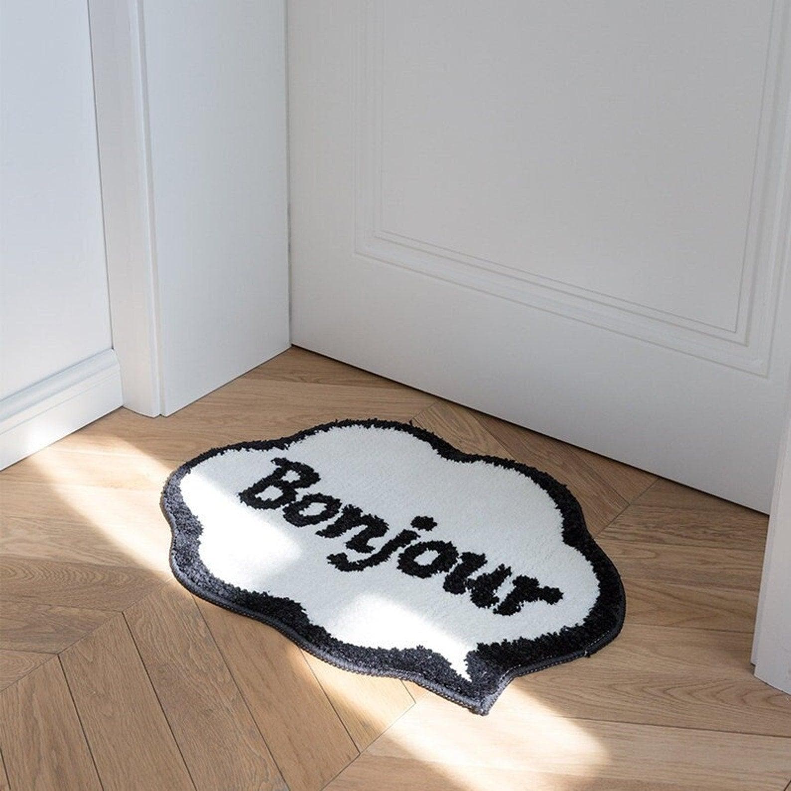 Black and White Bonjour Bathroom Rug - MAIA HOMES