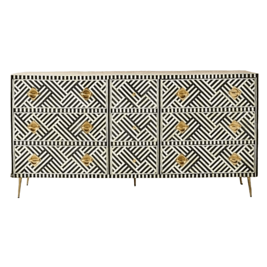 Black and White Chevron Bone Inlay 9 Drawer Sideboard