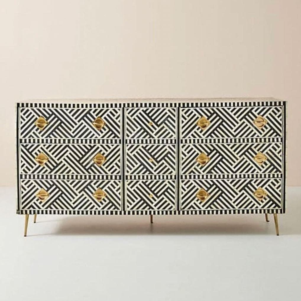 Black and White Chevron Bone Inlay 9 Drawer Sideboard