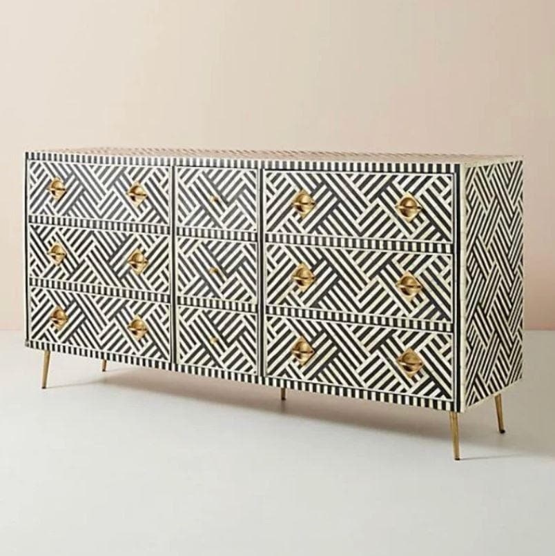 Black and White Chevron Bone Inlay 9 Drawer Sideboard