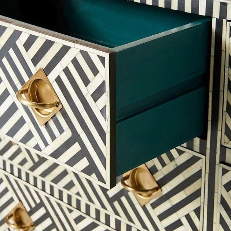 Black and White Chevron Bone Inlay 9 Drawer Sideboard