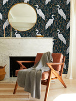 Black and White Crane Chinoiserie Wallpaper