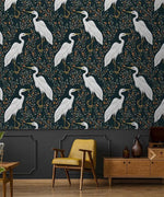 Black and White Crane Chinoiserie Wallpaper