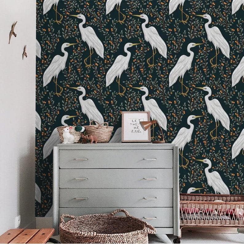 Black and White Crane Chinoiserie Wallpaper