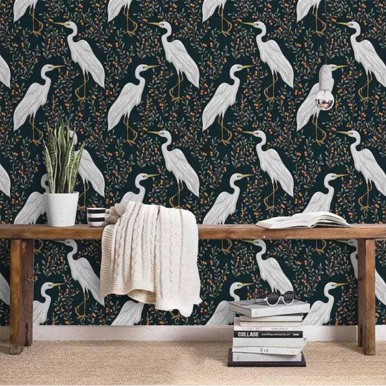 Black and White Crane Chinoiserie Wallpaper