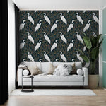 Black and White Crane Chinoiserie Wallpaper