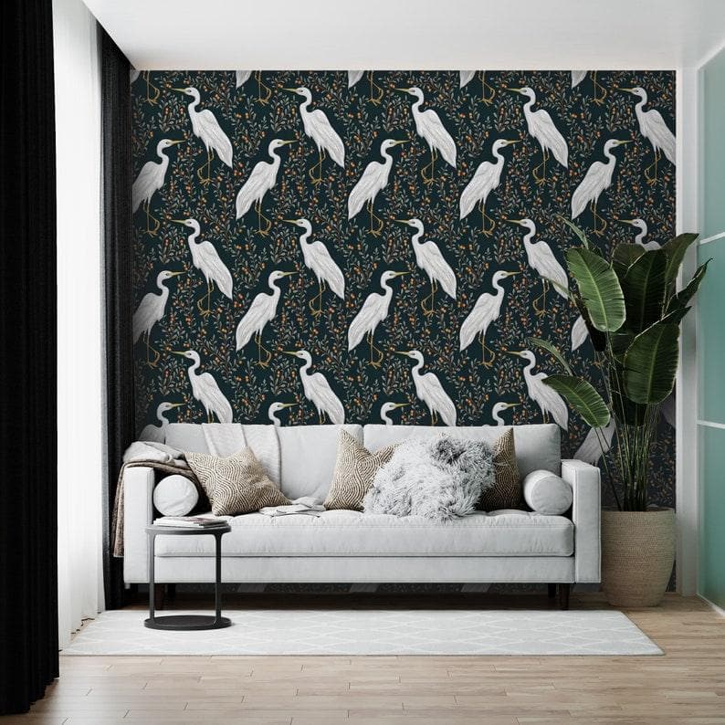 Black and White Crane Chinoiserie Wallpaper