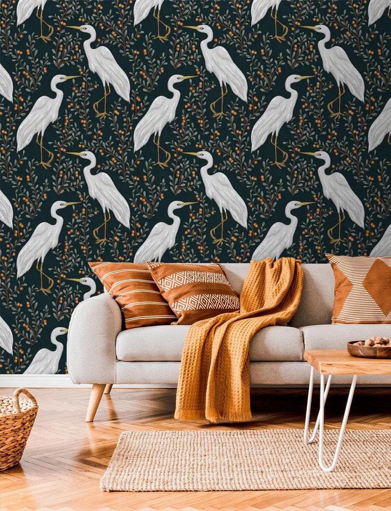 Black and White Crane Chinoiserie Wallpaper