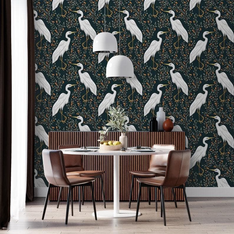 Black and White Crane Chinoiserie Wallpaper