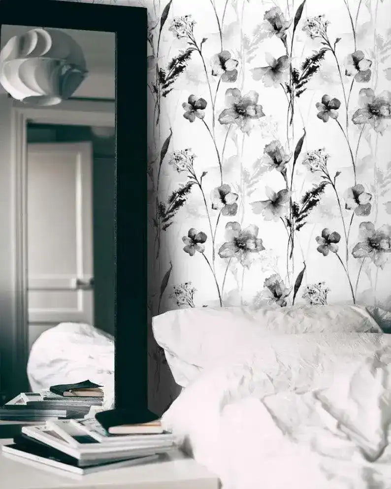Black and White Delicate Floral Watercolor Wallpaper