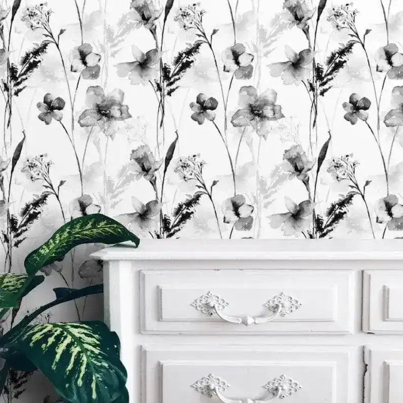 Black and White Delicate Floral Watercolor Wallpaper
