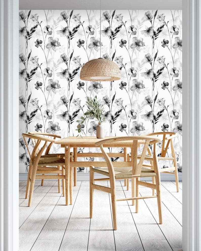 Black and White Delicate Floral Watercolor Wallpaper - MAIA HOMES
