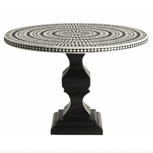 Black and White Diamonds Hand Crafted Bone Inlay Round Dining Table - MAIA HOMES