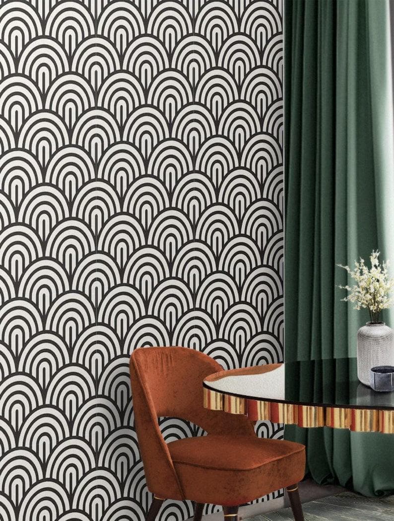 Black and White Geometric Fish Scale Art Deco Wallpaper