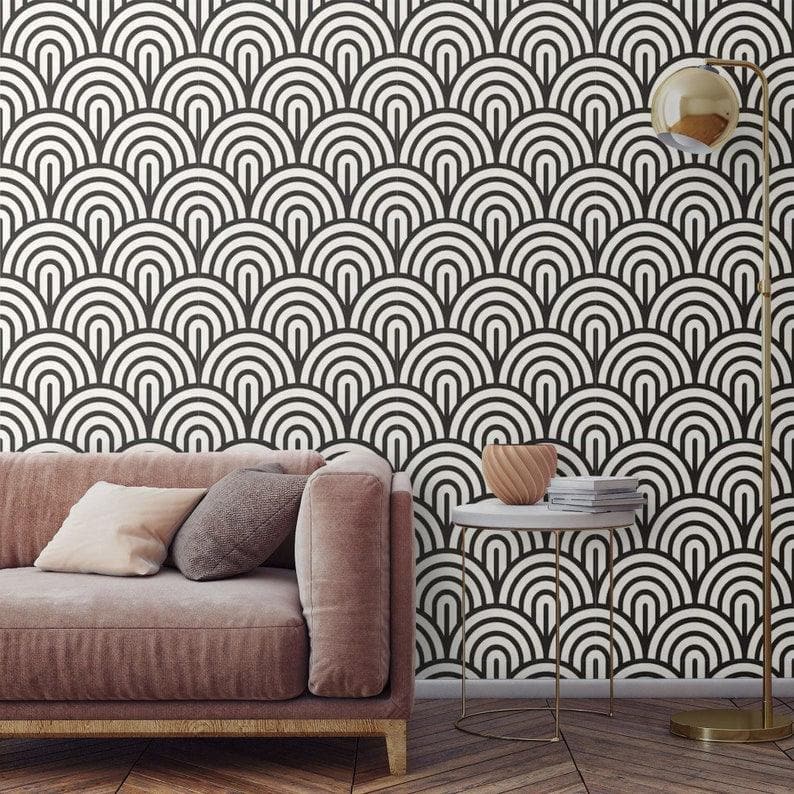 Black and White Geometric Fish Scale Art Deco Wallpaper