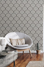 Black and White Geometric Fish Scale Art Deco Wallpaper