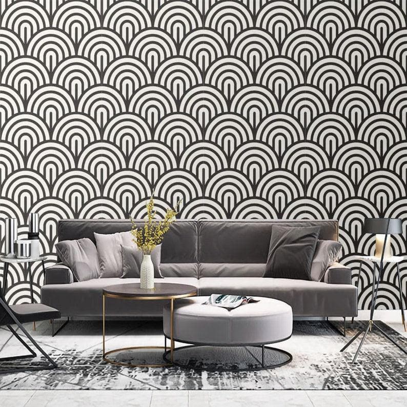 Black and White Geometric Fish Scale Art Deco Wallpaper