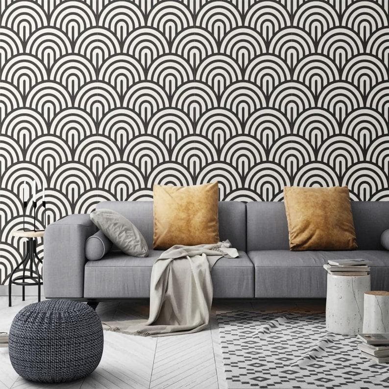 Black and White Geometric Fish Scale Art Deco Wallpaper