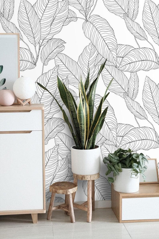 Black and White Minimalist Linear Leaves Wallpaper - MAIA HOMES