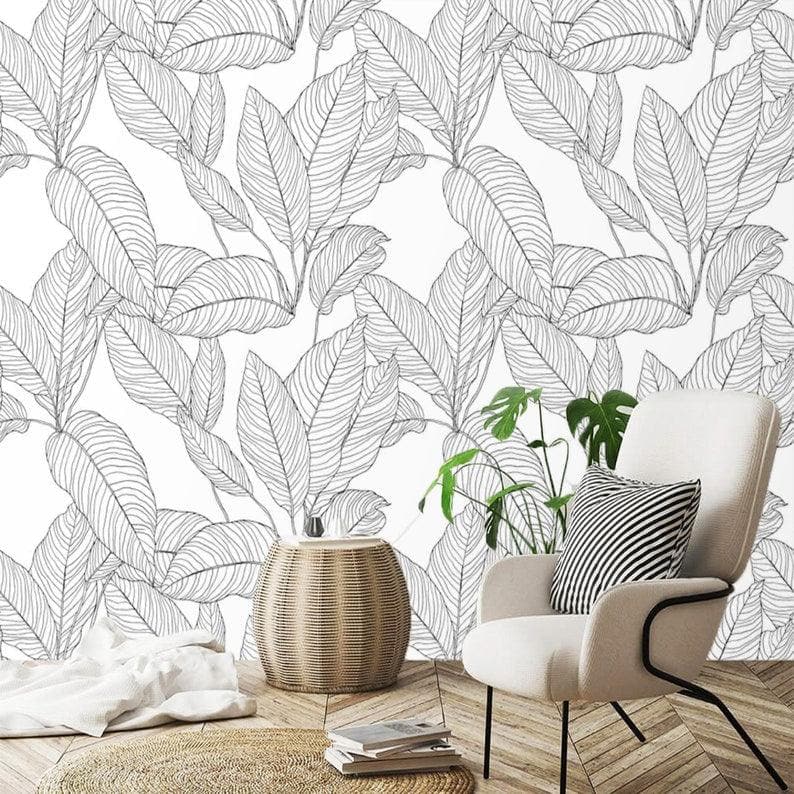 Black and White Minimalist Linear Leaves Wallpaper