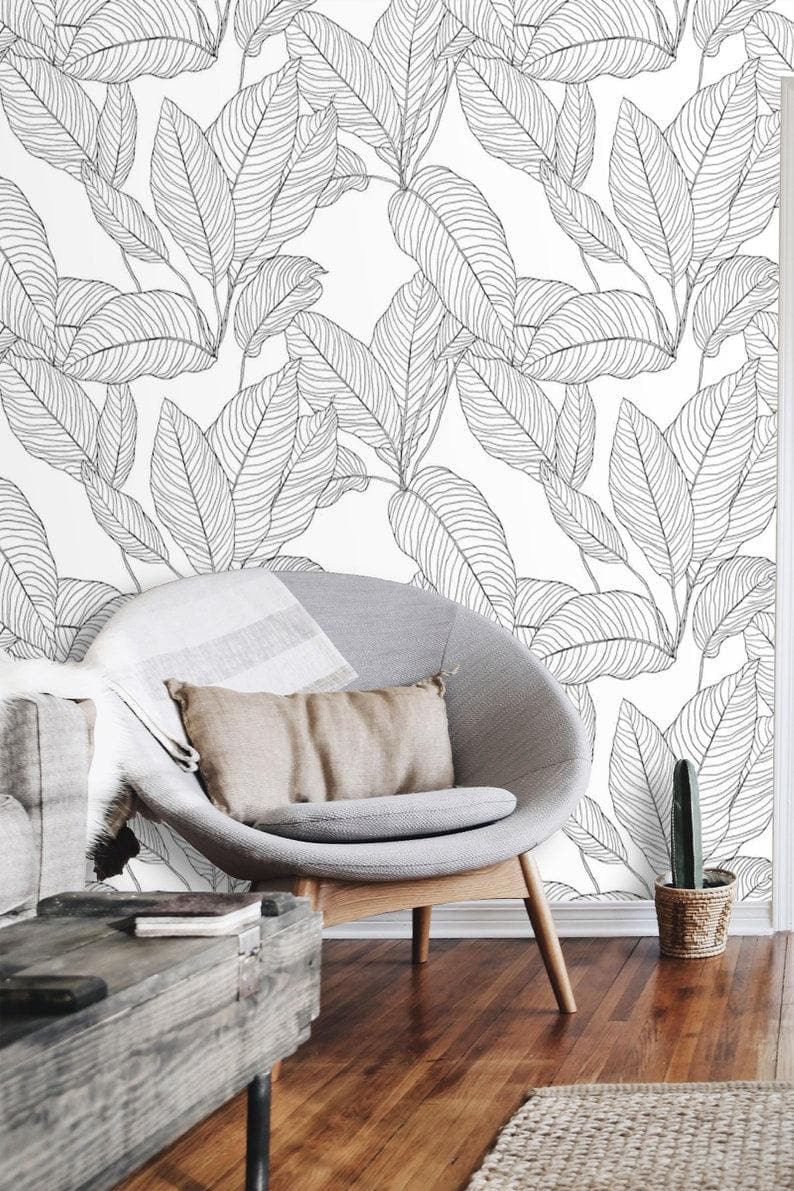 Black and White Minimalist Linear Leaves Wallpaper