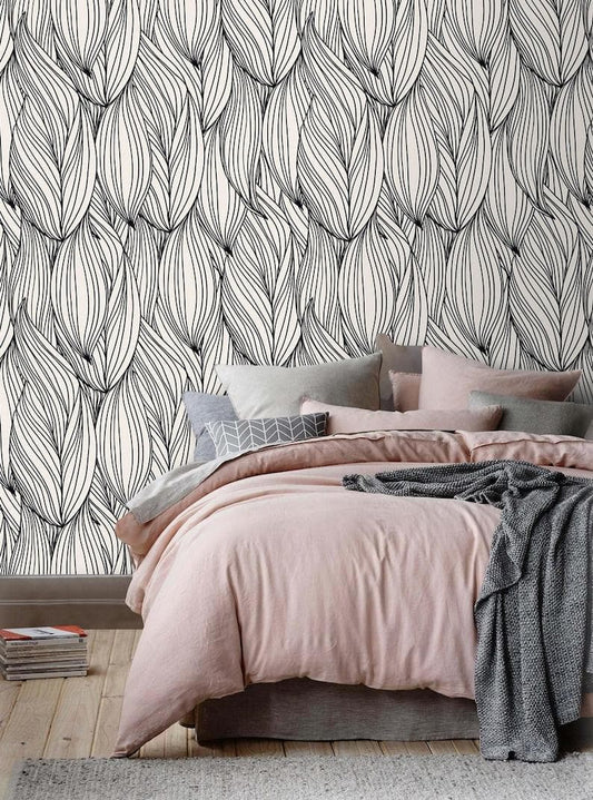 Black and White Oversized Winter Leaves Wallpaper - MAIA HOMES
