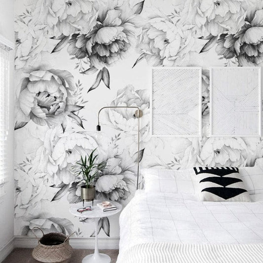 Black and White Peonies Watercolor Large Flowers Wall Mural - MAIA HOMES