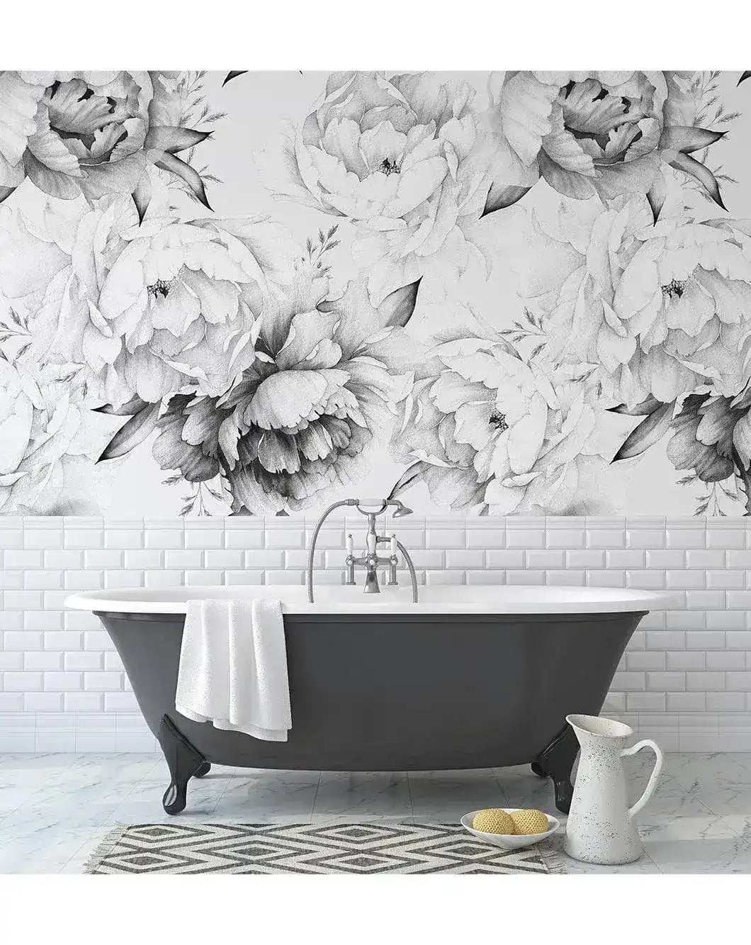 Black and White Peonies Watercolor Large Flowers Wall Mural